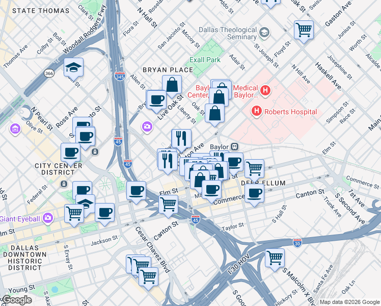 map of restaurants, bars, coffee shops, grocery stores, and more near 2801 Gaston Avenue in Dallas