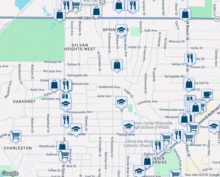 map of restaurants, bars, coffee shops, grocery stores, and more near 1901 North Riverside Drive in Fort Worth