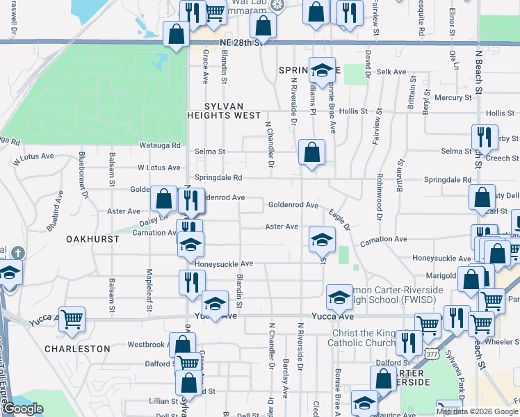 map of restaurants, bars, coffee shops, grocery stores, and more near 3005 Goldenrod Avenue in Fort Worth
