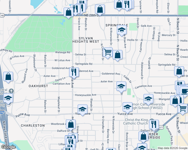 map of restaurants, bars, coffee shops, grocery stores, and more near 2804 Goldenrod Avenue in Fort Worth