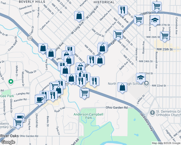 map of restaurants, bars, coffee shops, grocery stores, and more near 1910 Ephriham Avenue in Fort Worth