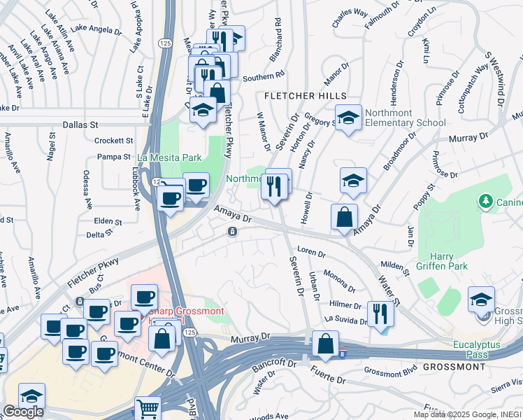 map of restaurants, bars, coffee shops, grocery stores, and more near 5648 Amaya Drive in La Mesa