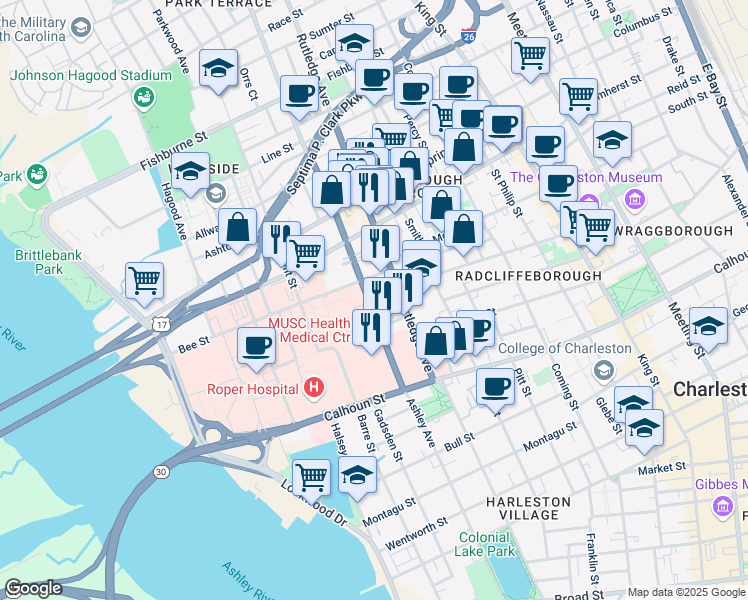 map of restaurants, bars, coffee shops, grocery stores, and more near 0 Bee Street in Charleston