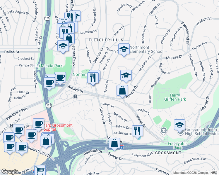 map of restaurants, bars, coffee shops, grocery stores, and more near in La Mesa