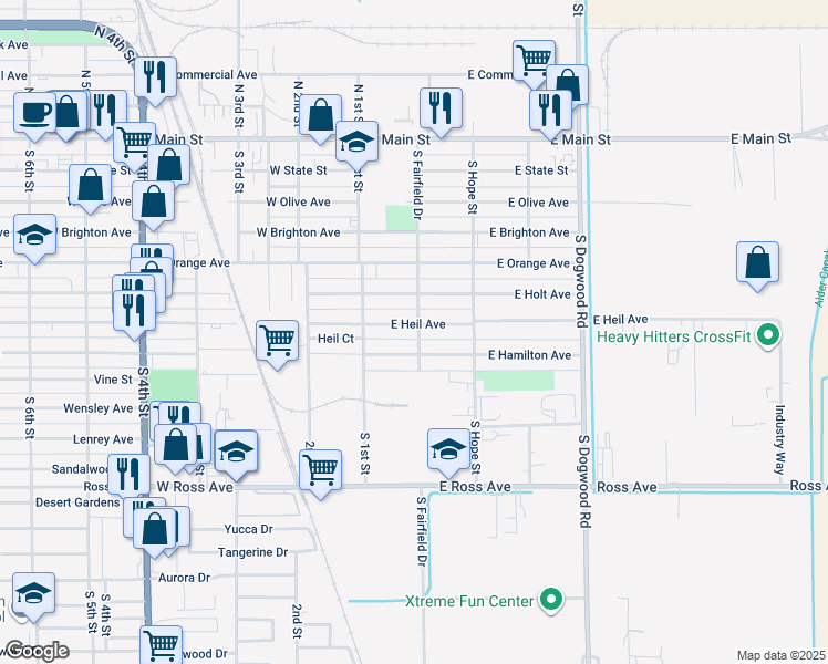 map of restaurants, bars, coffee shops, grocery stores, and more near 184 East Heil Avenue in El Centro