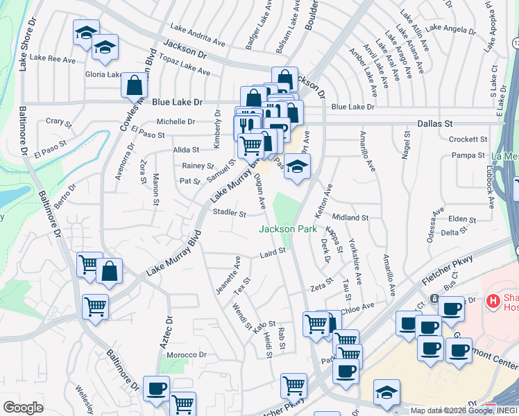 map of restaurants, bars, coffee shops, grocery stores, and more near 5914 Dugan Avenue in La Mesa