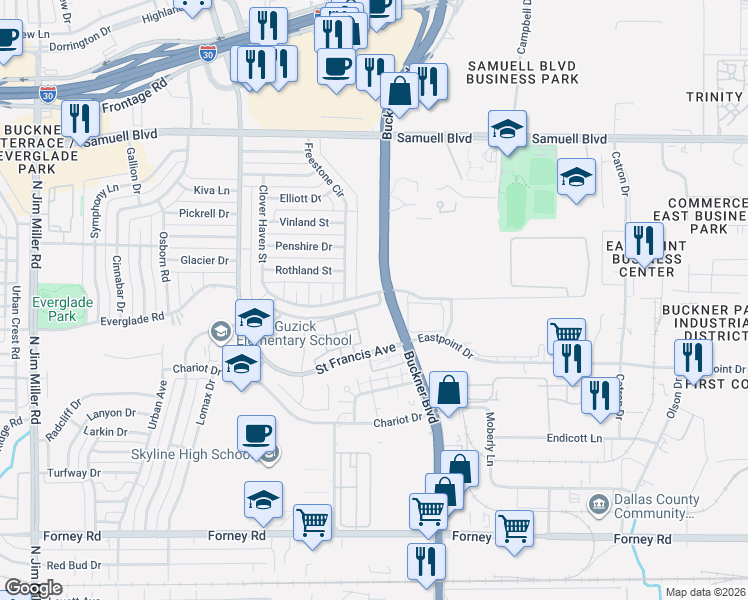 map of restaurants, bars, coffee shops, grocery stores, and more near 4719 Clover Haven Street in Dallas