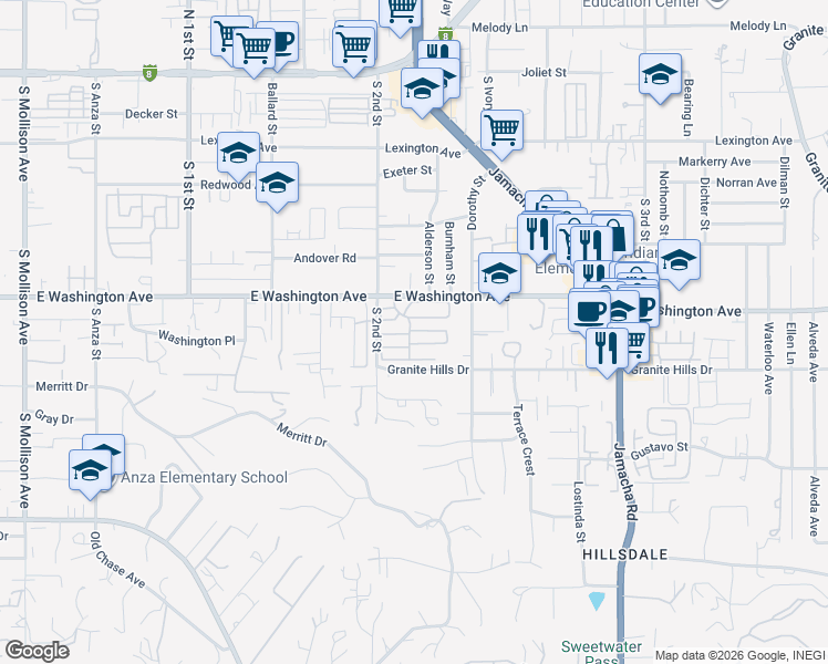 map of restaurants, bars, coffee shops, grocery stores, and more near 13 Laurel Lane in El Cajon