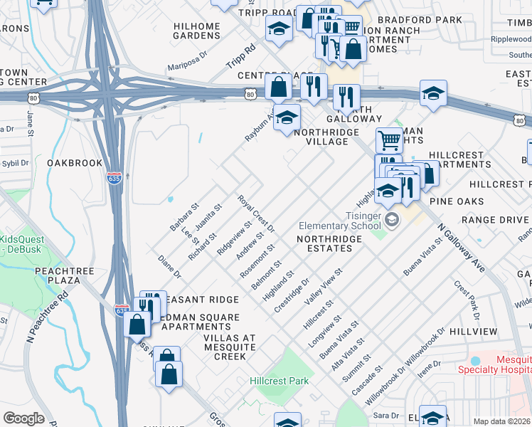 map of restaurants, bars, coffee shops, grocery stores, and more near 1520 Ridgeview Street in Mesquite