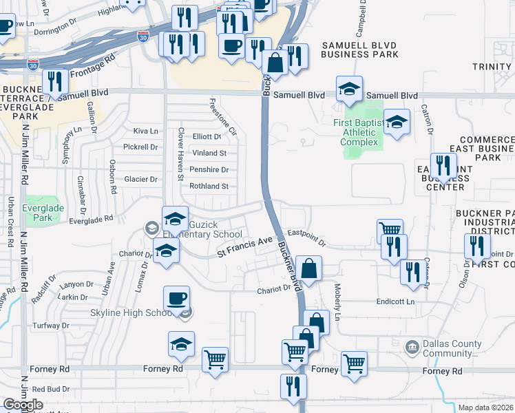 map of restaurants, bars, coffee shops, grocery stores, and more near 4719 Clover Haven Street in Dallas