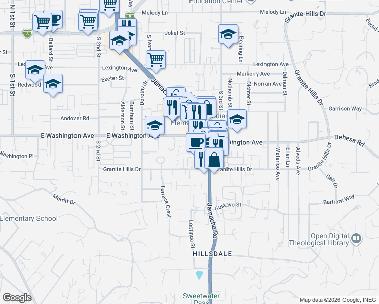map of restaurants, bars, coffee shops, grocery stores, and more near 1448 Caracara Circle in El Cajon