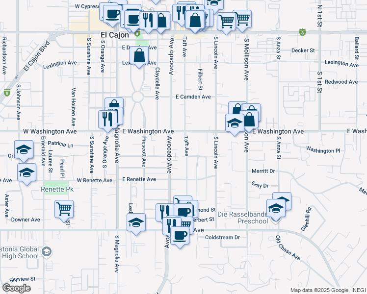 map of restaurants, bars, coffee shops, grocery stores, and more near 714 Taft Avenue in El Cajon