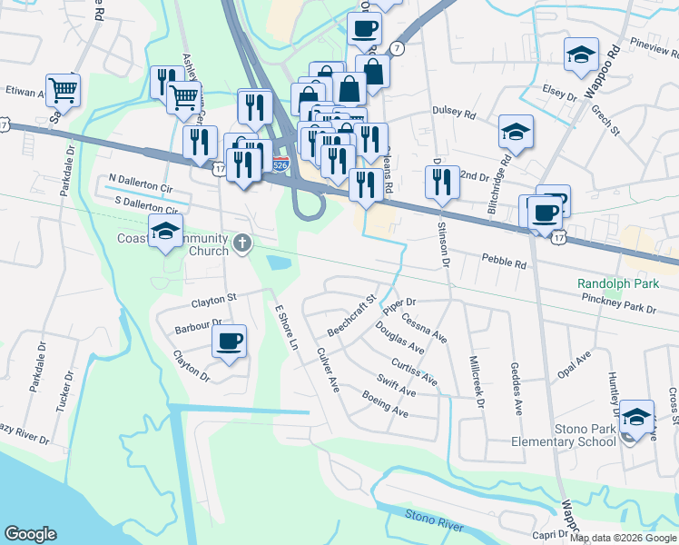 map of restaurants, bars, coffee shops, grocery stores, and more near 484 Cessna Avenue in Charleston