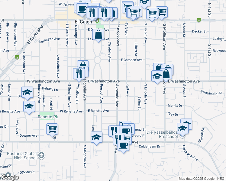 map of restaurants, bars, coffee shops, grocery stores, and more near 792 Avocado Avenue in El Cajon