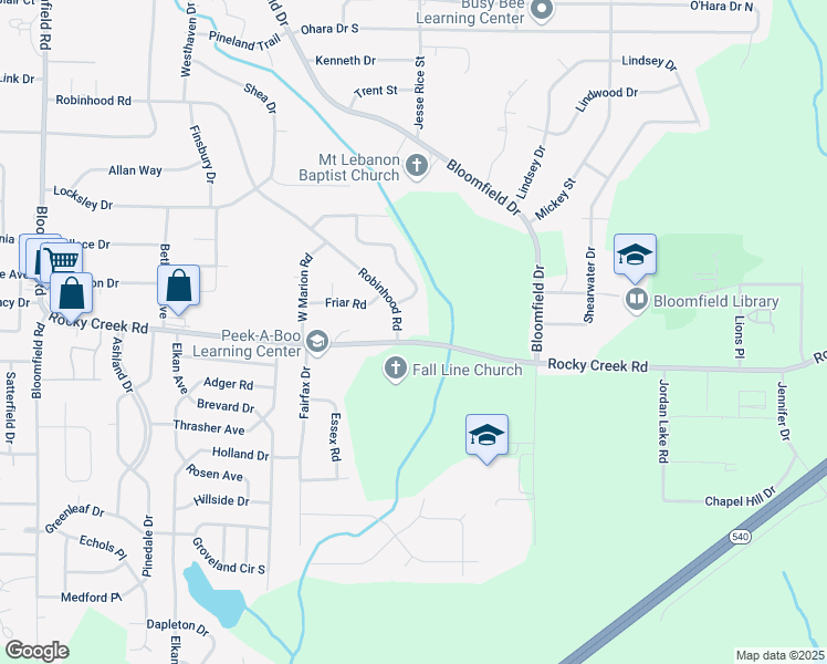 map of restaurants, bars, coffee shops, grocery stores, and more near 2247 Rocky Creek Road in Macon