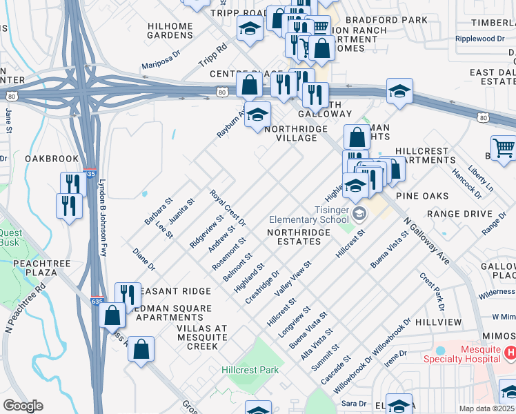 map of restaurants, bars, coffee shops, grocery stores, and more near 1526 Andrew Street in Mesquite
