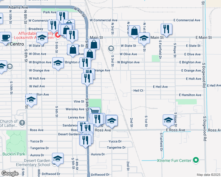 map of restaurants, bars, coffee shops, grocery stores, and more near 262 West Heil Avenue in El Centro