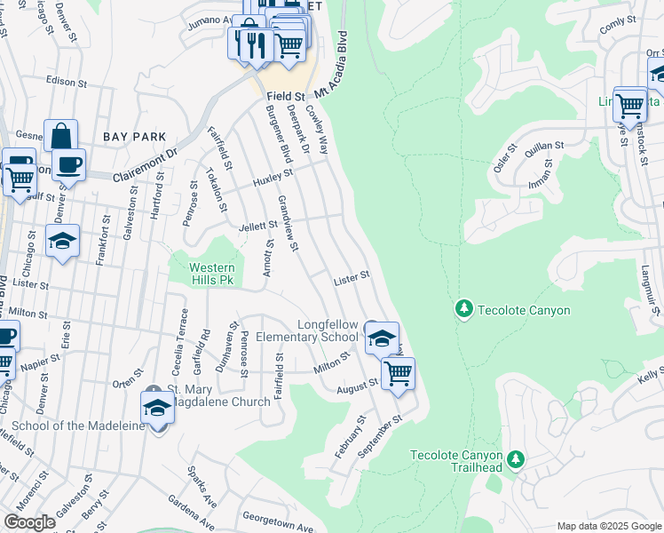 map of restaurants, bars, coffee shops, grocery stores, and more near 2511 Burgener Boulevard in San Diego