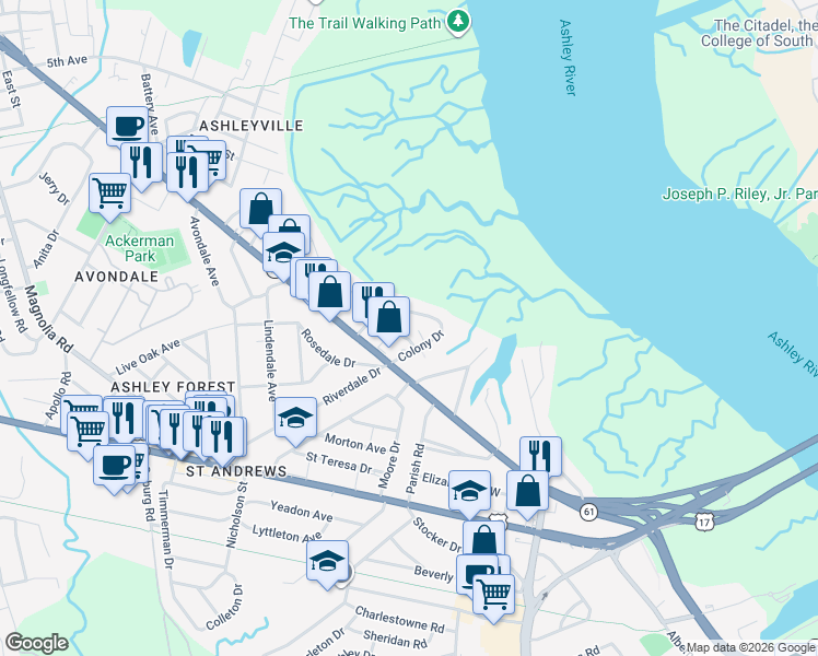 map of restaurants, bars, coffee shops, grocery stores, and more near 832 Colony Drive in Charleston