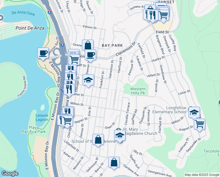 map of restaurants, bars, coffee shops, grocery stores, and more near 2424 Galveston Street in San Diego