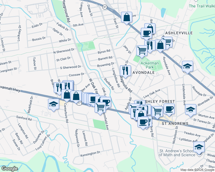 map of restaurants, bars, coffee shops, grocery stores, and more near 728 Shelley Road in Charleston