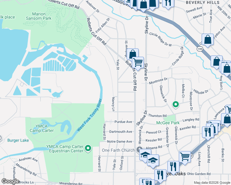 map of restaurants, bars, coffee shops, grocery stores, and more near 1805 Yale Street in River Oaks