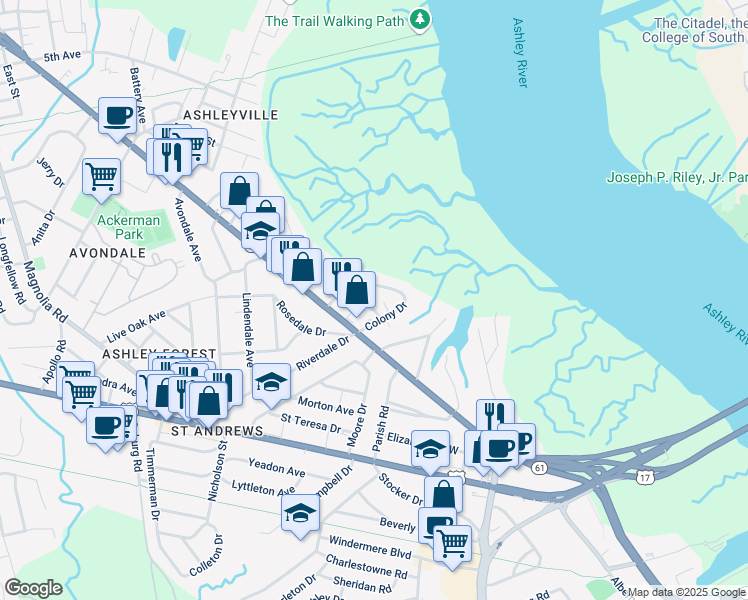 map of restaurants, bars, coffee shops, grocery stores, and more near 640 Cornell Street in Charleston