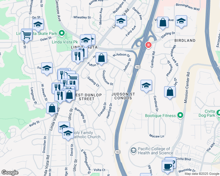 map of restaurants, bars, coffee shops, grocery stores, and more near 7462 Hanford Place in San Diego