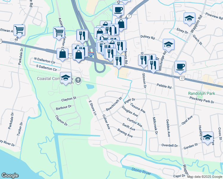 map of restaurants, bars, coffee shops, grocery stores, and more near 484 Cessna Avenue in Charleston