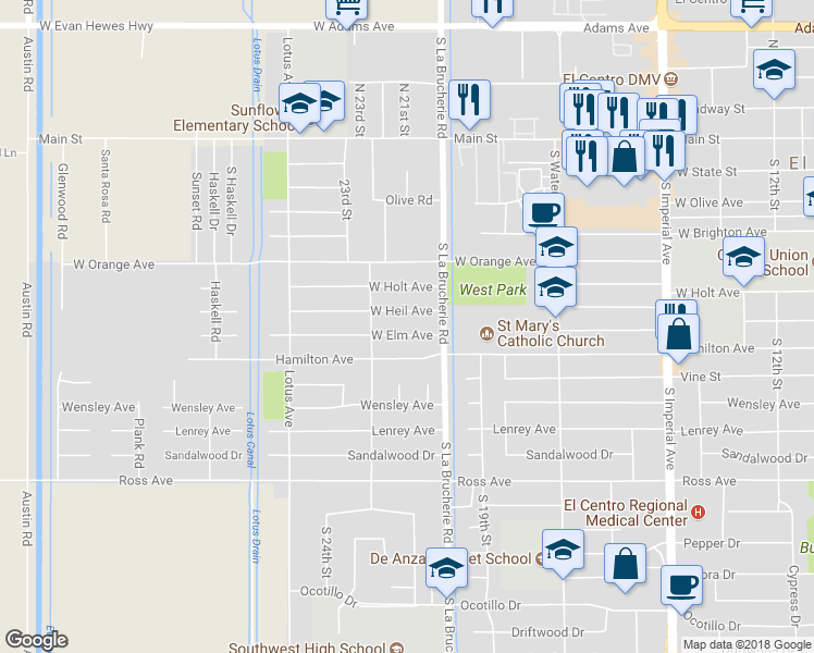 map of restaurants, bars, coffee shops, grocery stores, and more near 2150 West Elm Avenue in El Centro
