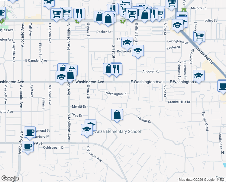 map of restaurants, bars, coffee shops, grocery stores, and more near 1074 Washington Heights Place in El Cajon