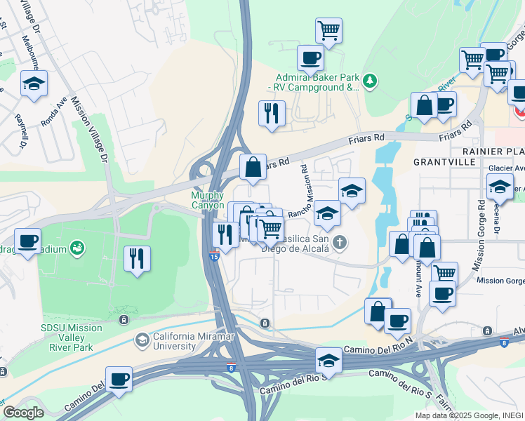 map of restaurants, bars, coffee shops, grocery stores, and more near 10400 Caminito Cuervo in San Diego