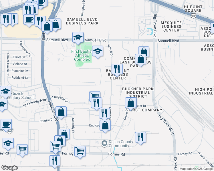 map of restaurants, bars, coffee shops, grocery stores, and more near 5111 Catron Drive in Dallas