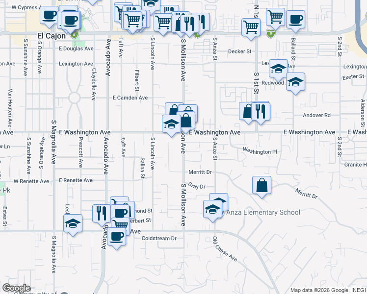 map of restaurants, bars, coffee shops, grocery stores, and more near 725 South Mollison Avenue in El Cajon