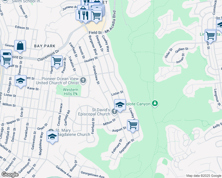 map of restaurants, bars, coffee shops, grocery stores, and more near 2511 Burgener Boulevard in San Diego