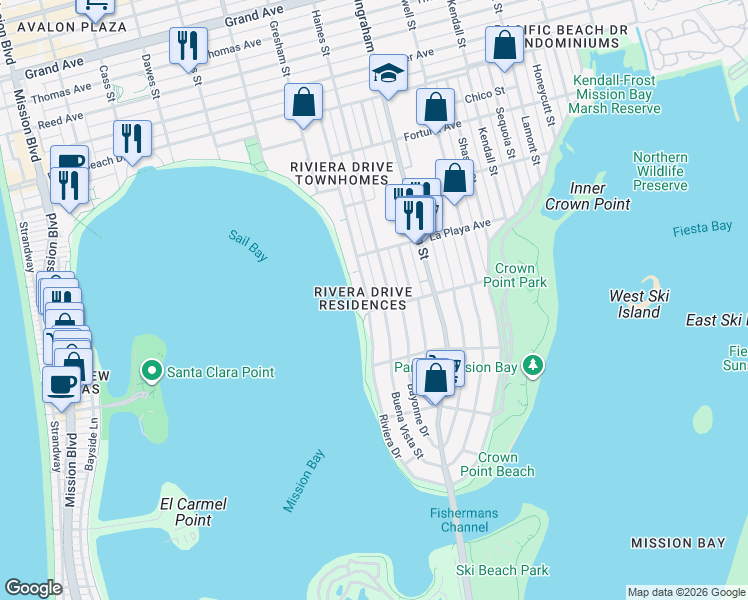 map of restaurants, bars, coffee shops, grocery stores, and more near 3726 Riviera Drive in San Diego