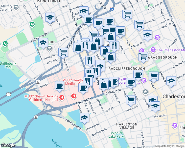 map of restaurants, bars, coffee shops, grocery stores, and more near 174 Rutledge Avenue in Charleston