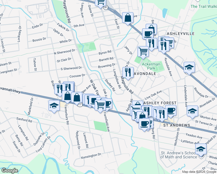 map of restaurants, bars, coffee shops, grocery stores, and more near 728 Shelley Road in Charleston