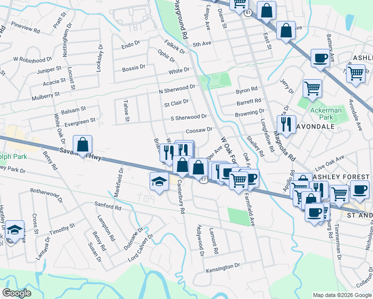 map of restaurants, bars, coffee shops, grocery stores, and more near 1254 Wimbee Drive in Charleston