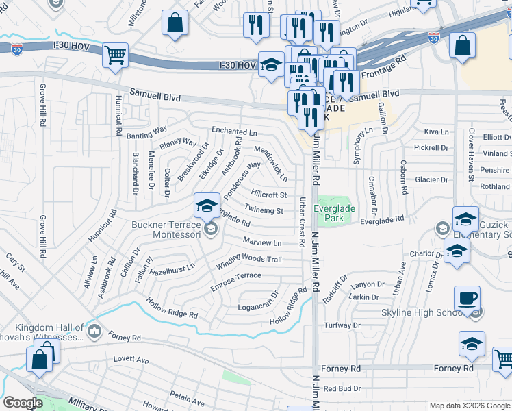 map of restaurants, bars, coffee shops, grocery stores, and more near 5706 Hillcroft Street in Dallas