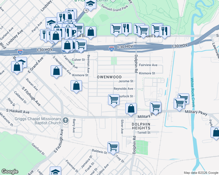 map of restaurants, bars, coffee shops, grocery stores, and more near 3122 Jerome Street in Dallas