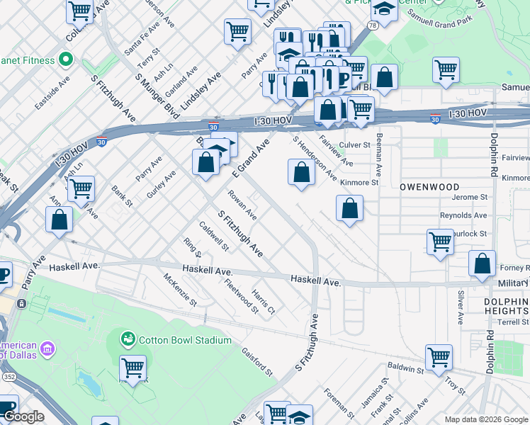 map of restaurants, bars, coffee shops, grocery stores, and more near 1339 Barry Avenue in Dallas