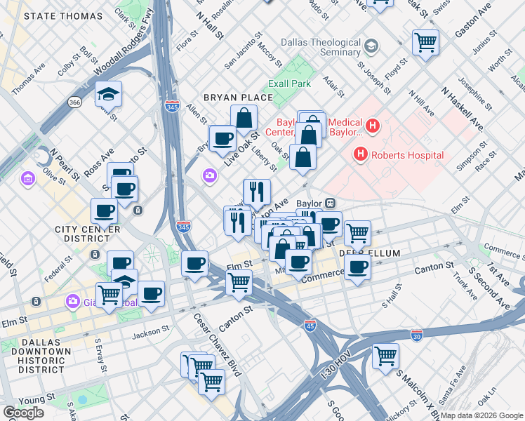 map of restaurants, bars, coffee shops, grocery stores, and more near 2801 Gaston Avenue in Dallas