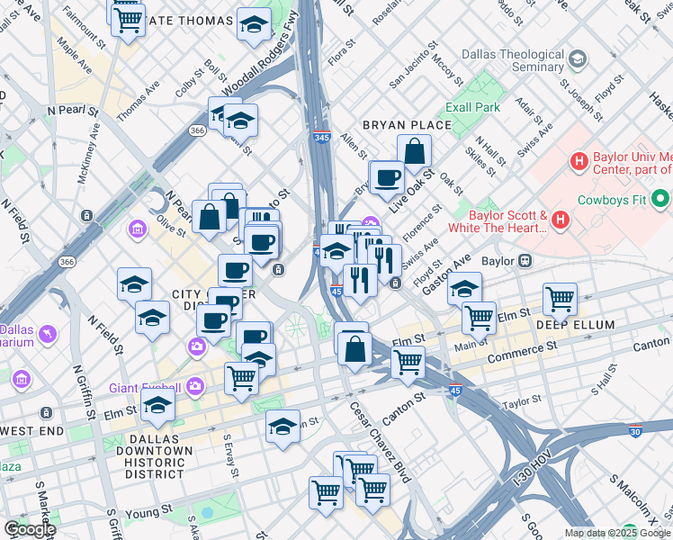 map of restaurants, bars, coffee shops, grocery stores, and more near 2502 Live Oak Street in Dallas