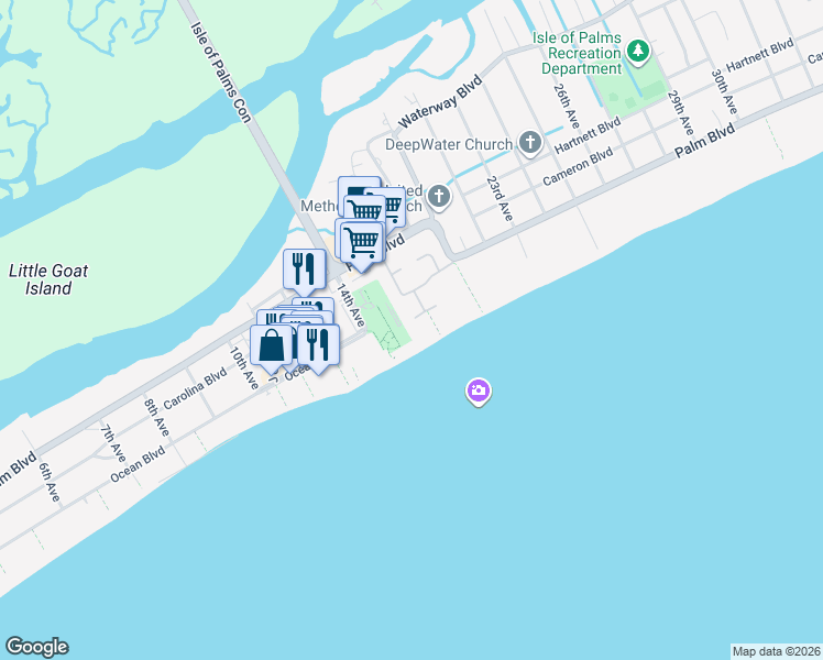 map of restaurants, bars, coffee shops, grocery stores, and more near 5 Sand Dune Lane in Isle of Palms