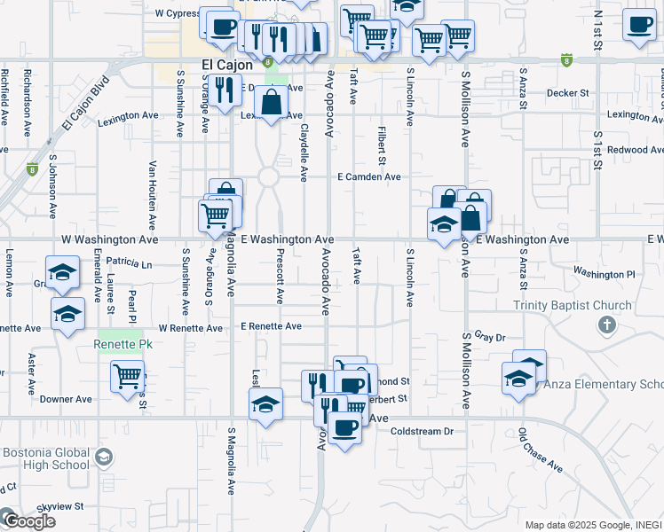 map of restaurants, bars, coffee shops, grocery stores, and more near 747 Avocado Avenue in El Cajon