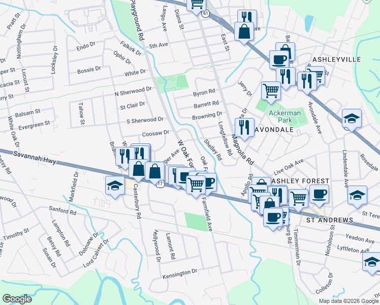 map of restaurants, bars, coffee shops, grocery stores, and more near 650 West Oak Forest Drive in Charleston