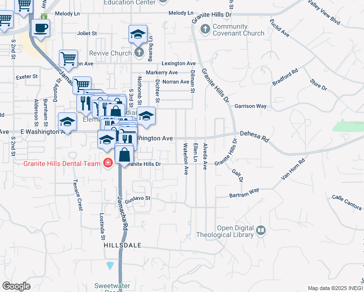 map of restaurants, bars, coffee shops, grocery stores, and more near 705 Waterloo Avenue in El Cajon
