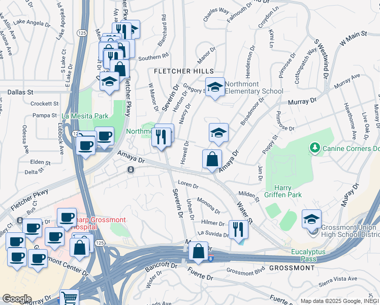 map of restaurants, bars, coffee shops, grocery stores, and more near 5981 Howell Drive in La Mesa