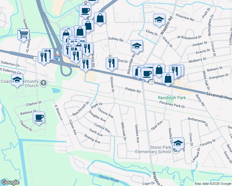 map of restaurants, bars, coffee shops, grocery stores, and more near 525 Stinson Drive in Charleston